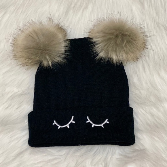 None Accessories - Embroidered Double Pom Faux Fur Knitted Beanie Hat